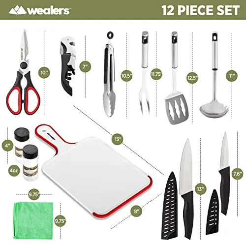 12 Piece Camp Kitchen Cooking Utensil Set Travel Organizer Grill Accessories Portable Compact Gear for Backpacking BBQ Camping Hiking Travel Cookware Kit Water Resistant Case (Green)