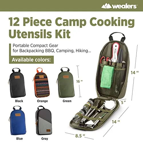 12 Piece Camp Kitchen Cooking Utensil Set Travel Organizer Grill Accessories Portable Compact Gear for Backpacking BBQ Camping Hiking Travel Cookware Kit Water Resistant Case (Green)