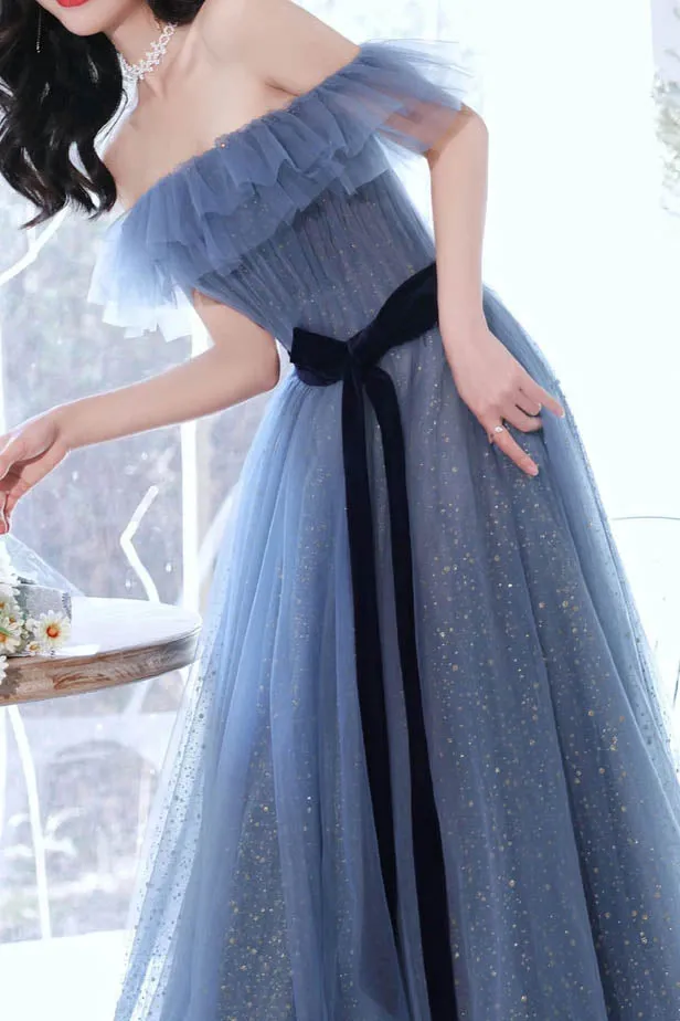 A Line Off the Shoulder Floor Length Tulle Prom Dress Formal Gown with Belt UQP0088