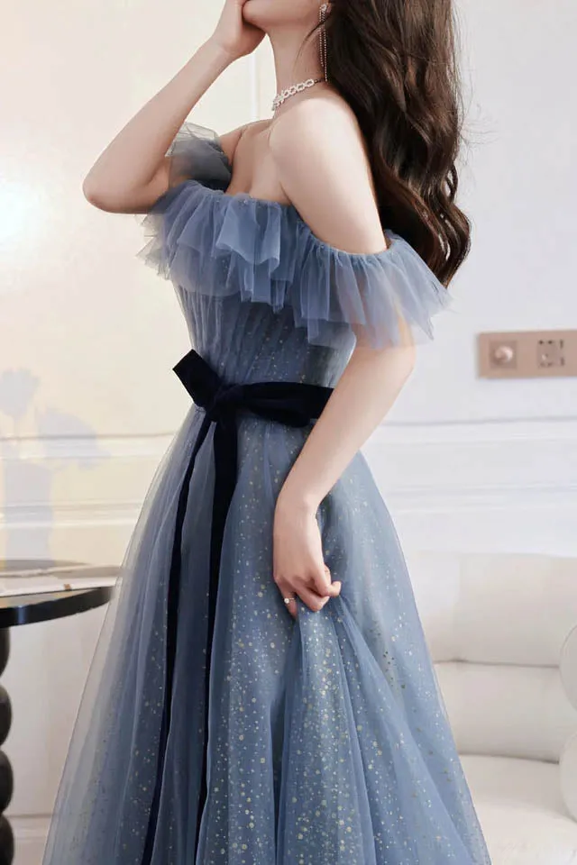 A Line Off the Shoulder Floor Length Tulle Prom Dress Formal Gown with Belt UQP0088