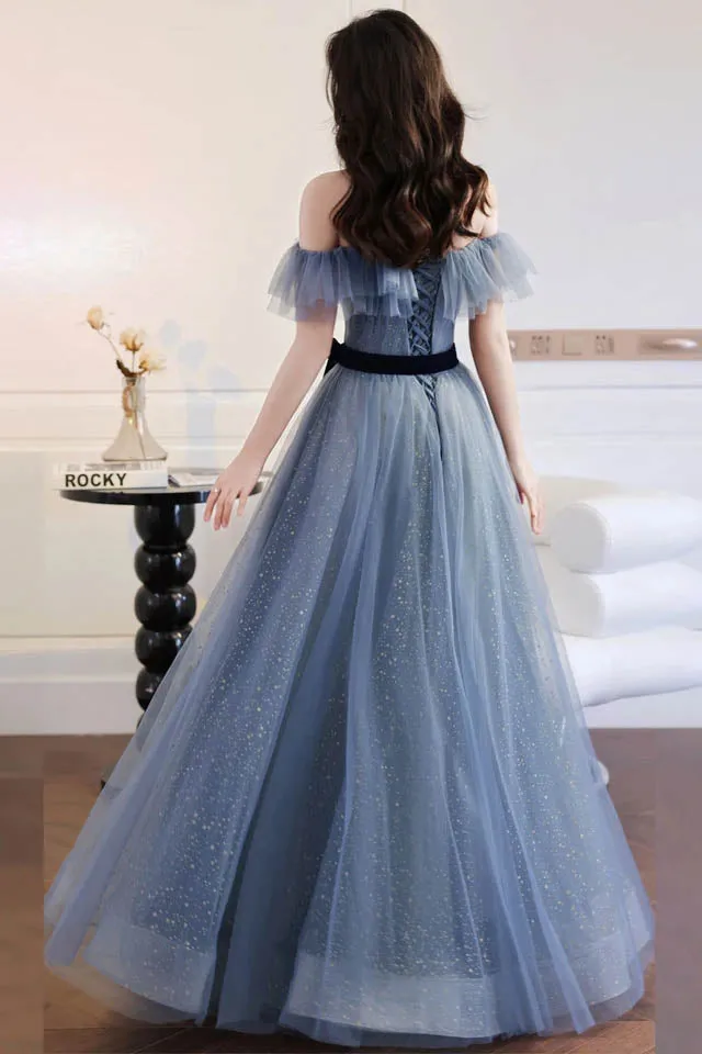 A Line Off the Shoulder Floor Length Tulle Prom Dress Formal Gown with Belt UQP0088