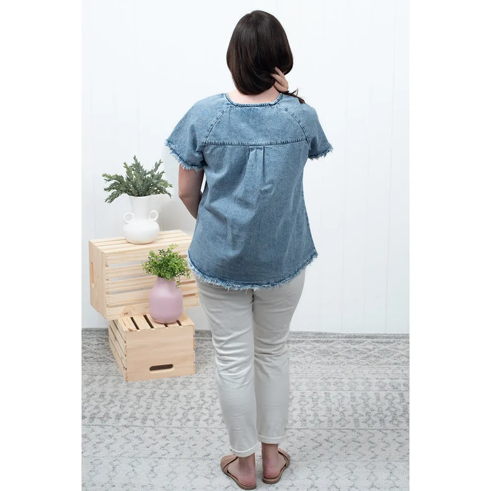 A New Story - Sky Blue Raw Edge Denim Top