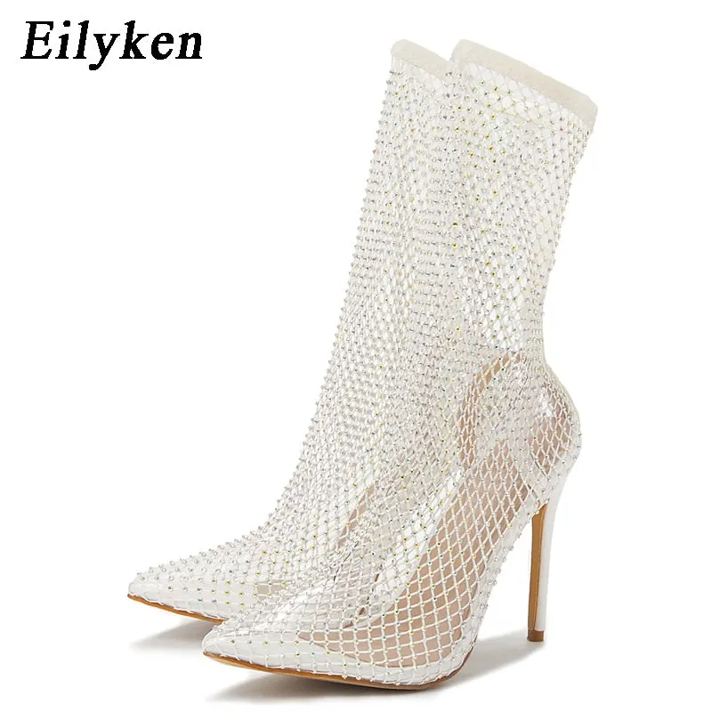 Amozae- New Design Crystal Rhinestone Mesh Stretch Fabric Sock Boots Fashion PVC Transparent Pointed Toe Shoes   High Heels