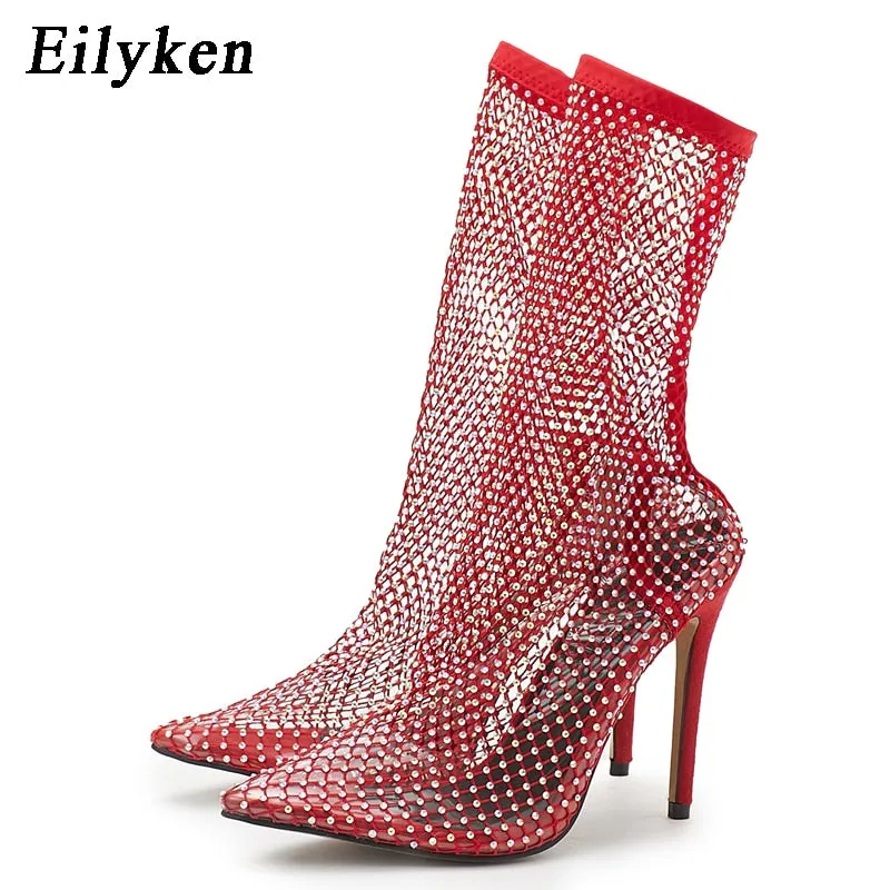 Amozae- New Design Crystal Rhinestone Mesh Stretch Fabric Sock Boots Fashion PVC Transparent Pointed Toe Shoes   High Heels