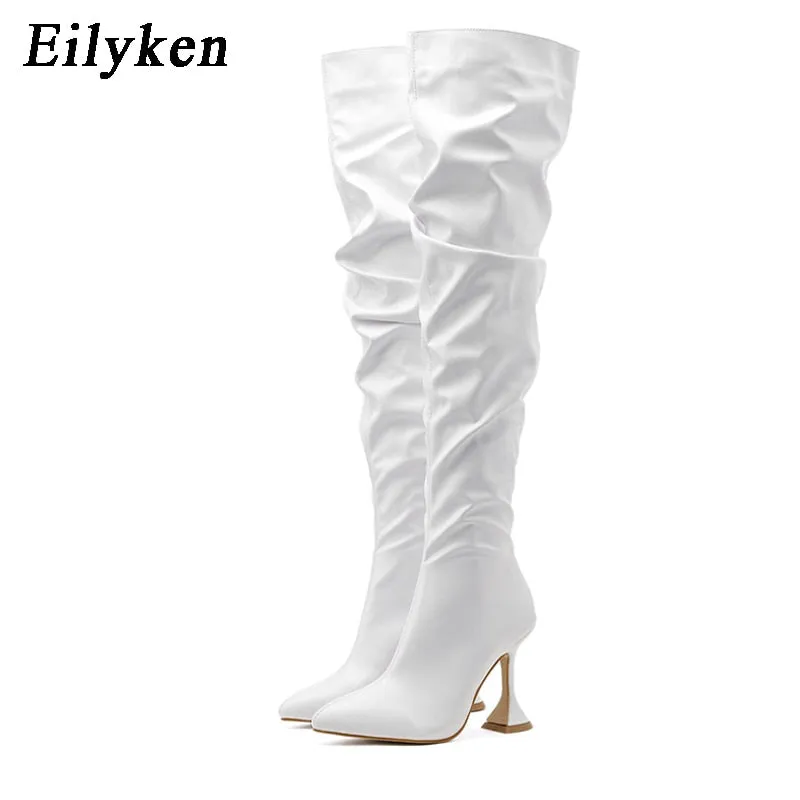 Amozae- New Design Pleated Leather Over The Knee Boots Fashion Runway Strange High Heels   Pointed Toe Zip Womans Shoes