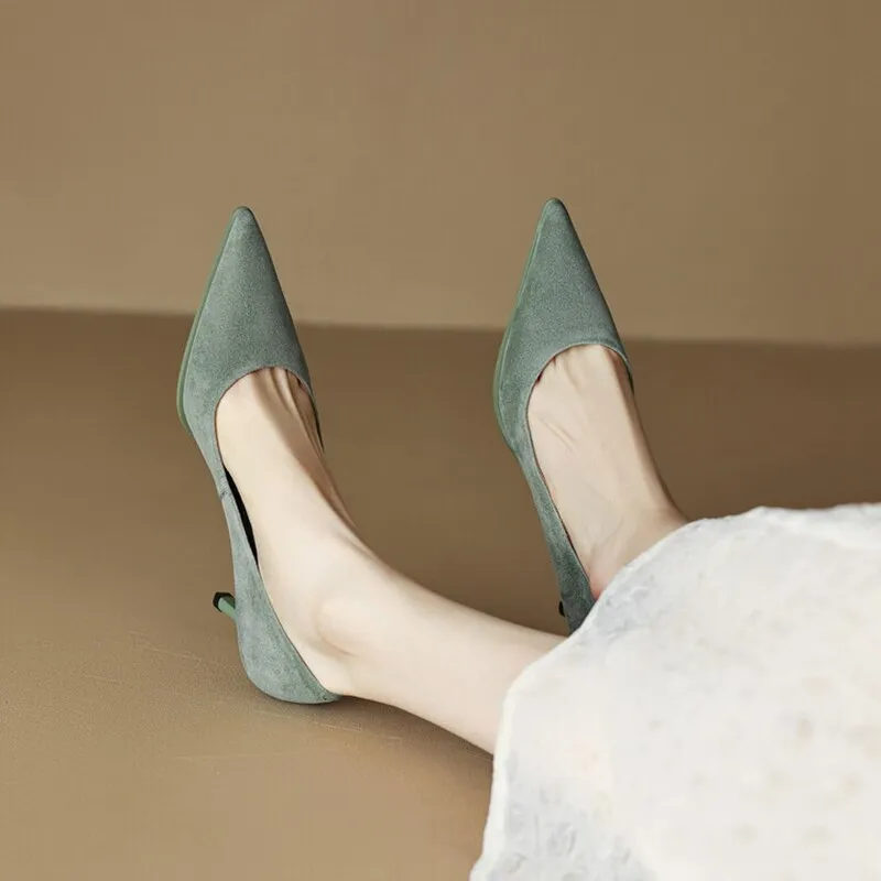 Amozae NEW Spring Women Shoes Pointed Toe Thin Heel Pumps for Women Sheep Suede High Heels Green Women Stiletto Heels zapatos de mujer