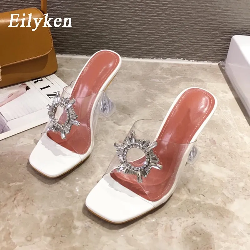 Amozae- PVC Transparent Crystal Sun Flowers Buckle Womens Slippers Summer Square Toe Ladies Strange High Heels Sandals Shoes