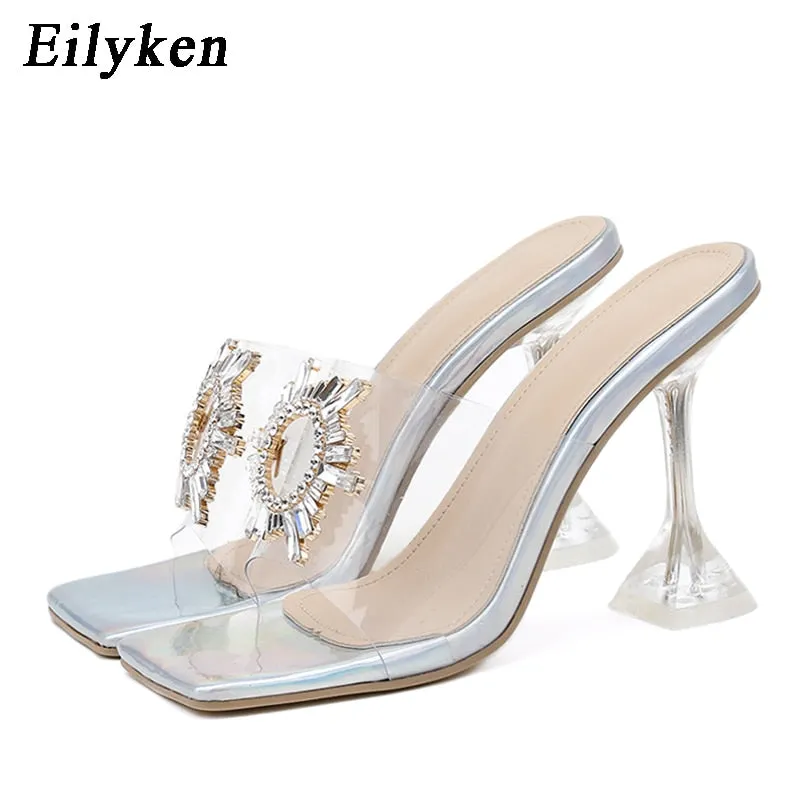 Amozae- PVC Transparent Crystal Sun Flowers Buckle Womens Slippers Summer Square Toe Ladies Strange High Heels Sandals Shoes