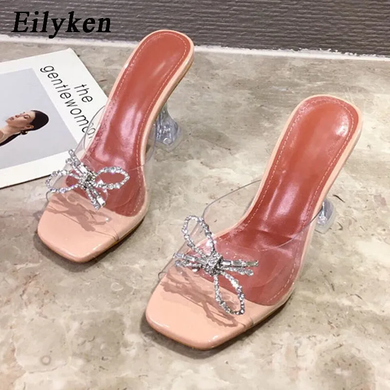 Amozae- PVC Transparent Crystal Sun Flowers Buckle Womens Slippers Summer Square Toe Ladies Strange High Heels Sandals Shoes