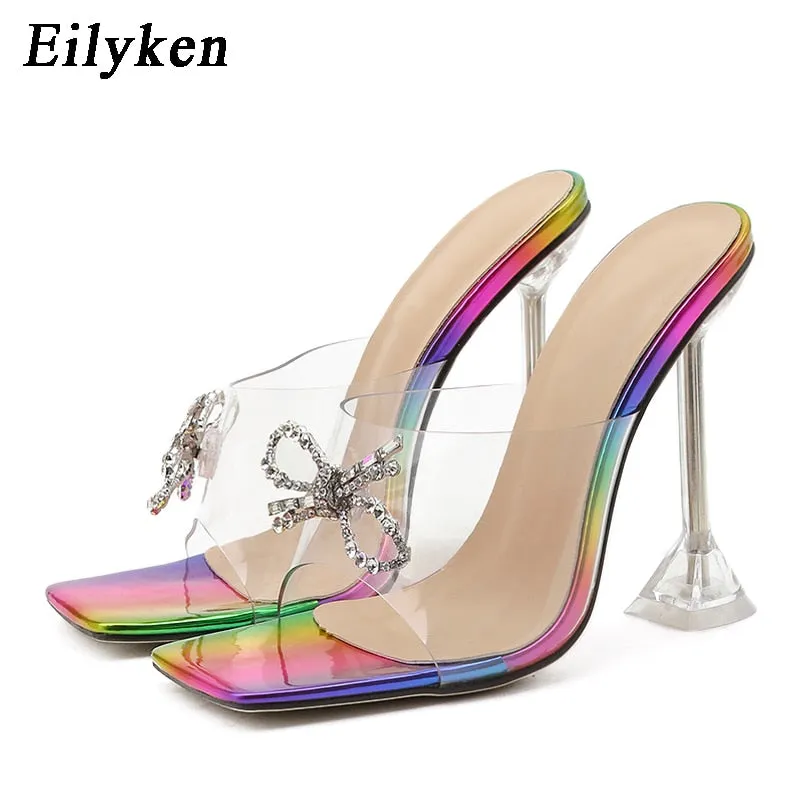 Amozae- PVC Transparent Crystal Sun Flowers Buckle Womens Slippers Summer Square Toe Ladies Strange High Heels Sandals Shoes