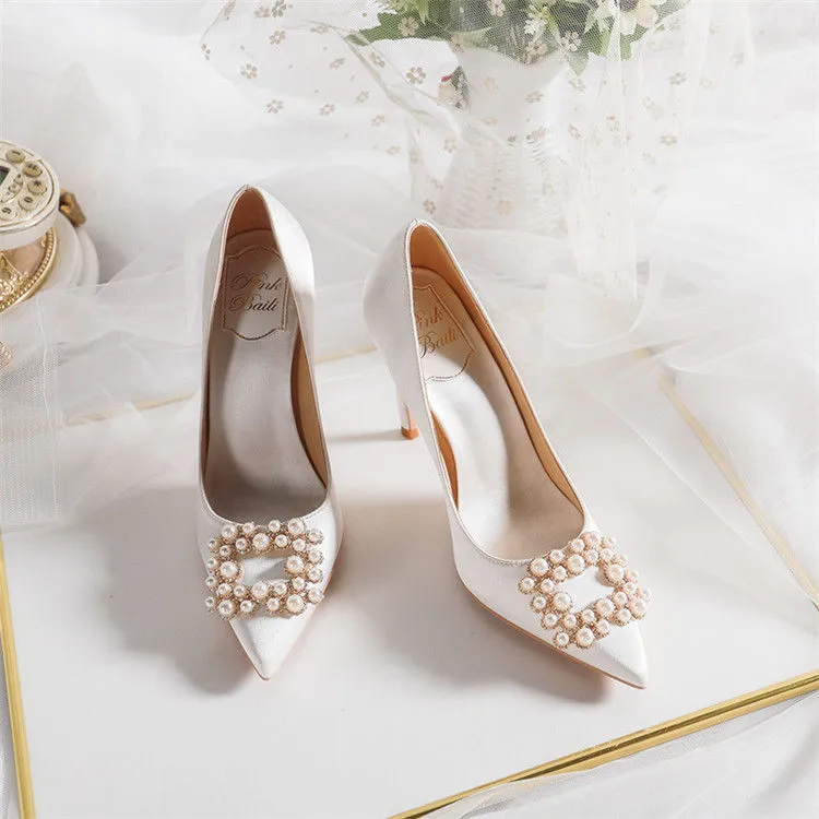 Amozae  Spring and Autumn New Stiletto Sandals Square Buckle Pearl Rhinestone Wedding Shoes   Red High Heels Female 8CM Heel