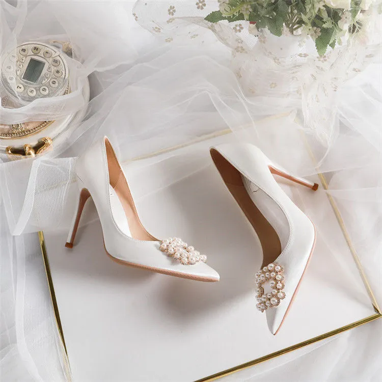 Amozae  Spring and Autumn New Stiletto Sandals Square Buckle Pearl Rhinestone Wedding Shoes   Red High Heels Female 8CM Heel