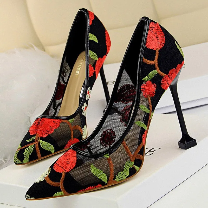 Amozae-  Summer Fashion High Heels Women's Floral Embroidered Lace   Party Stiletto High Heels Mesh Women's Shoes