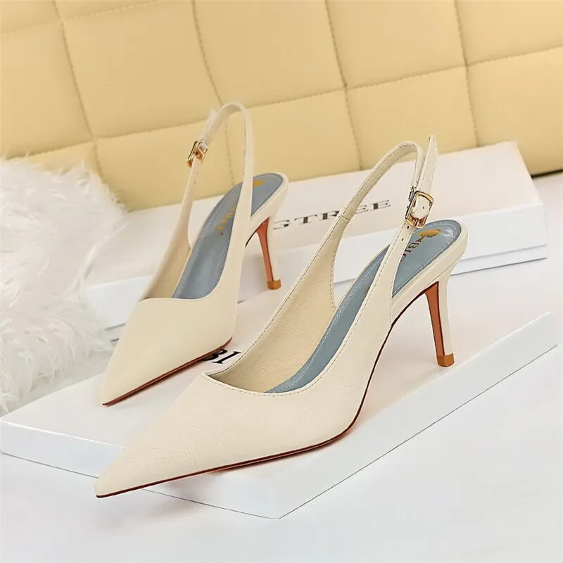 Amozae- Women 7.5cm High Heels Slingback Summer Sandals Lady Weave Leather Stripper Sandles Wedding Bridal Low Heels Blue Shoes