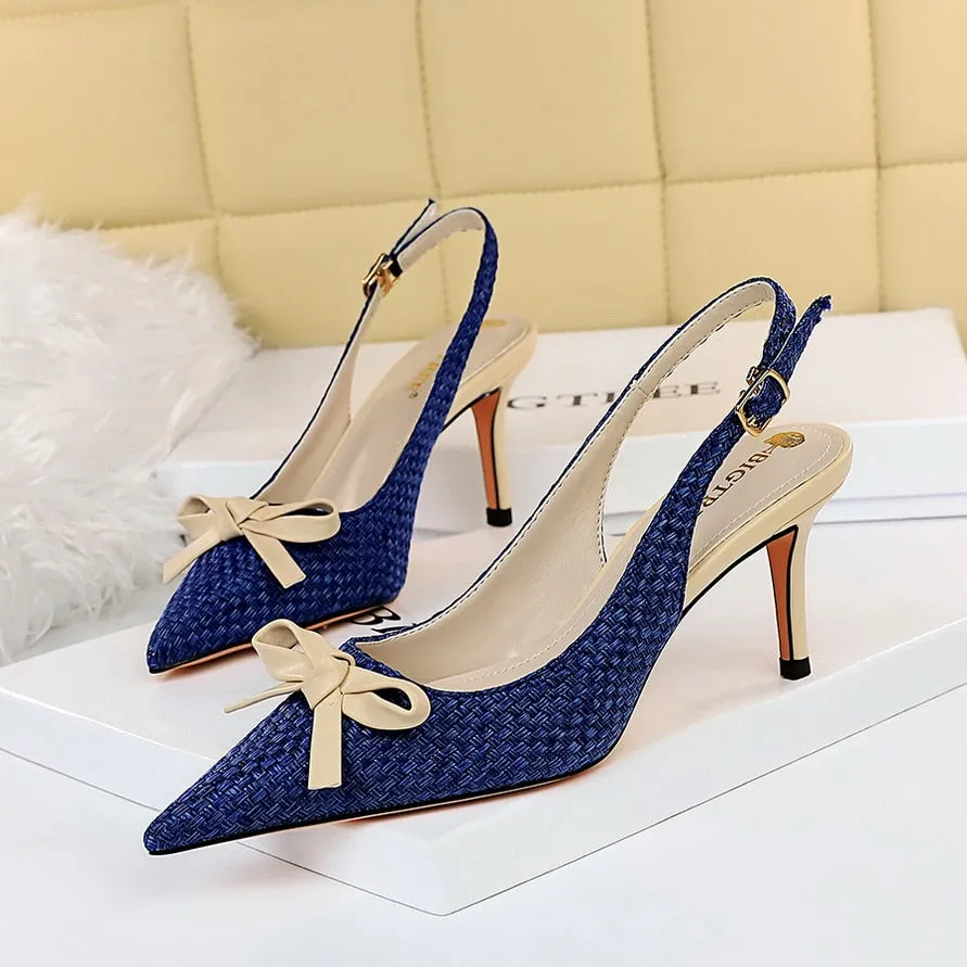 Amozae- Women 7.5cm High Heels Slingback Summer Sandals Lady Weave Leather Stripper Sandles Wedding Bridal Low Heels Blue Shoes