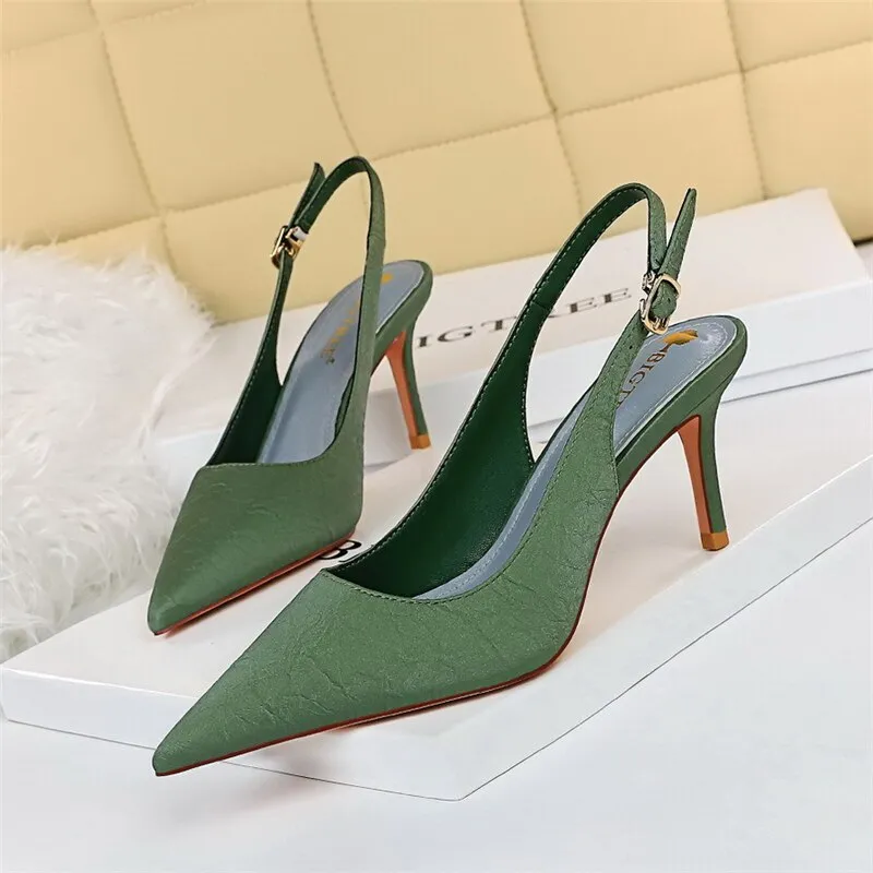 Amozae- Women 7.5cm High Heels Slingback Summer Sandals Lady Weave Leather Stripper Sandles Wedding Bridal Low Heels Blue Shoes