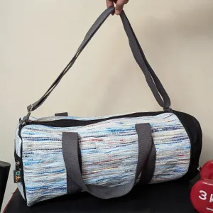 Blue White Upcycled Handwoven Gym Duffle Weekender Bag (GDB1124-011)