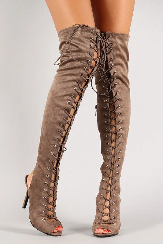 Breckelle Lace Up Back Cutout Stiletto Thigh High Boot