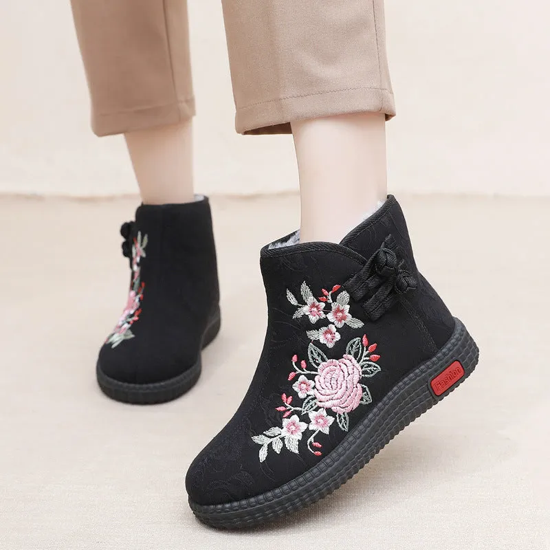 Cloth Shoes, Women's Cotton Shoes, Winter Plush Insulation, Mother's Shoes, Retro Ethnic Style Embroidered Shoes, Short Boots, Grandmother's Shoes