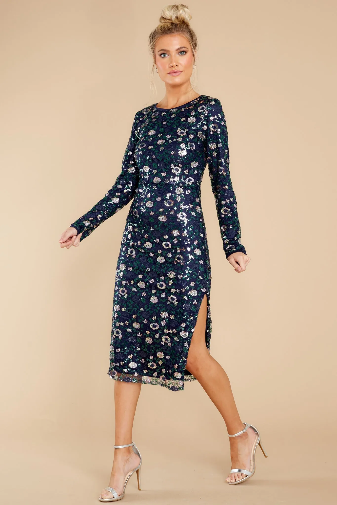 Complete This Moment Navy And Silver Sequin Midi Dress