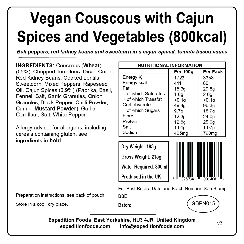 Expedition Foods Vegan Couscous with Cajun Spices and Vegetables