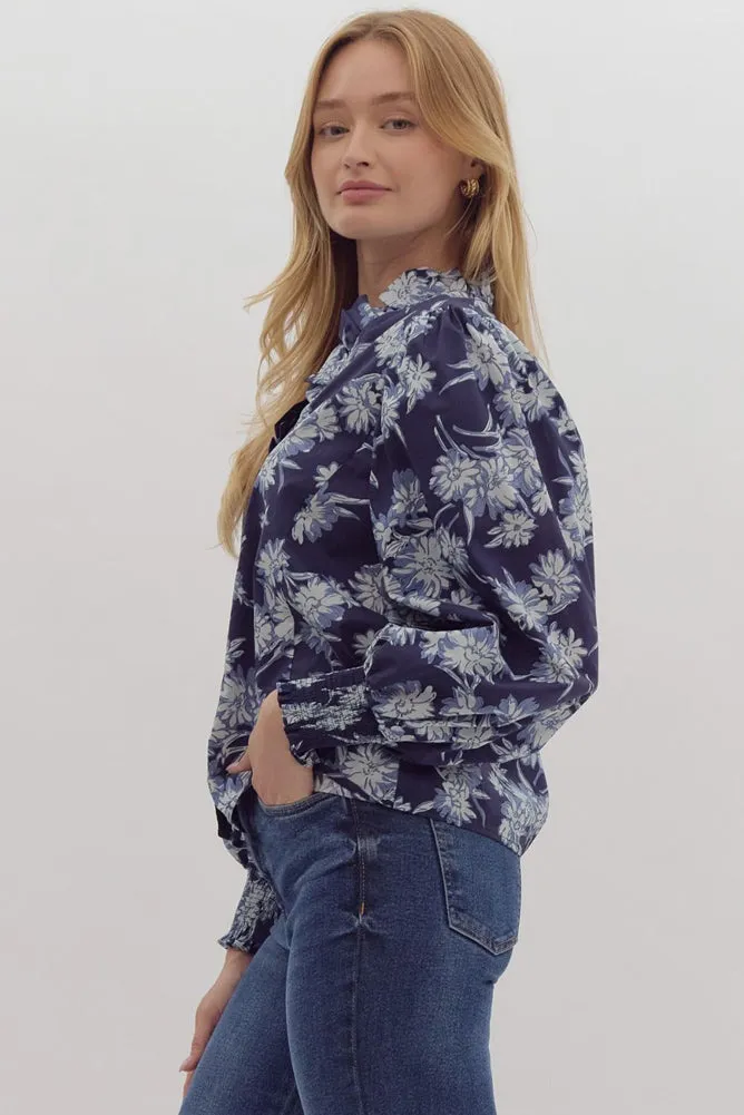 Floral Print Ruffle Neck Poplin Blouse in Navy by Entro