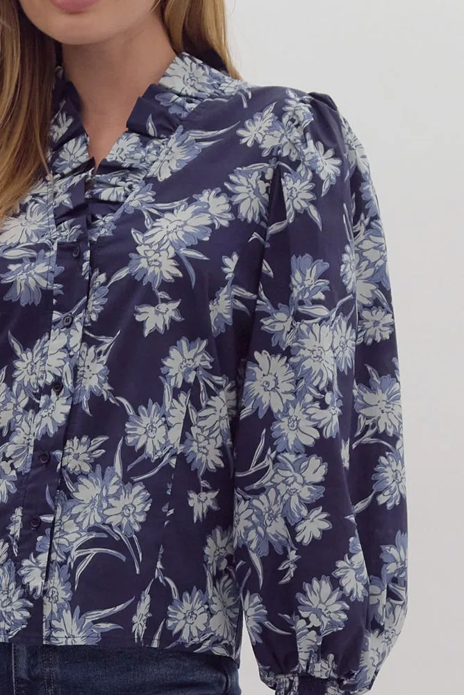 Floral Print Ruffle Neck Poplin Blouse in Navy by Entro