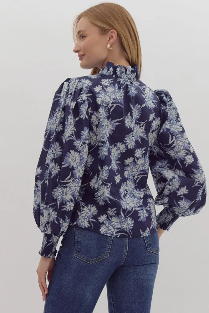 Floral Print Ruffle Neck Poplin Blouse in Navy by Entro