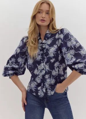 Floral Print Ruffle Neck Poplin Blouse in Navy by Entro