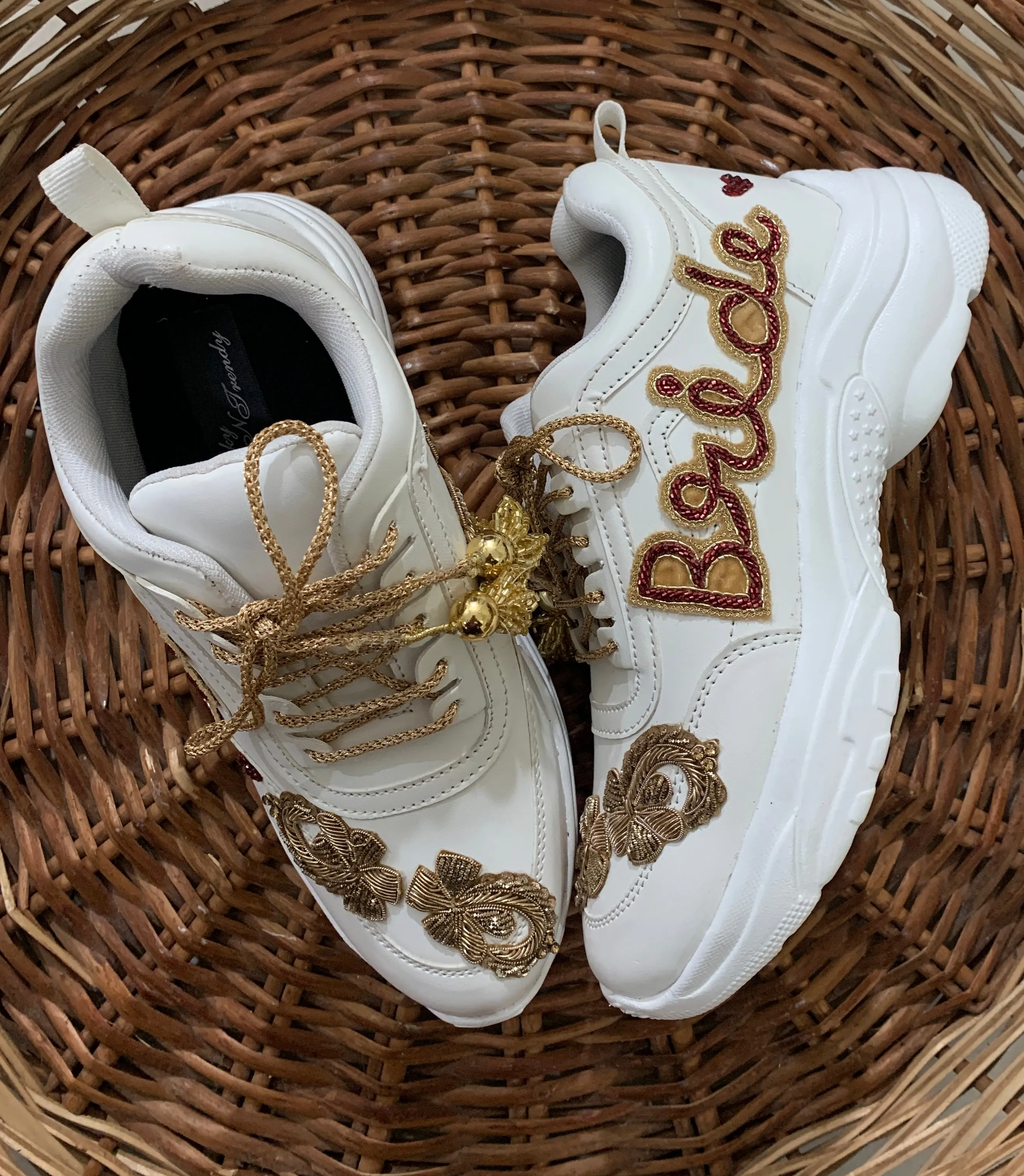 Funky N Trendy hand embroidered Bride word with zardozi and cutdana / bridal sneakers/ sneaker for bride / zardozi sneakers/ golden sneakers for bride