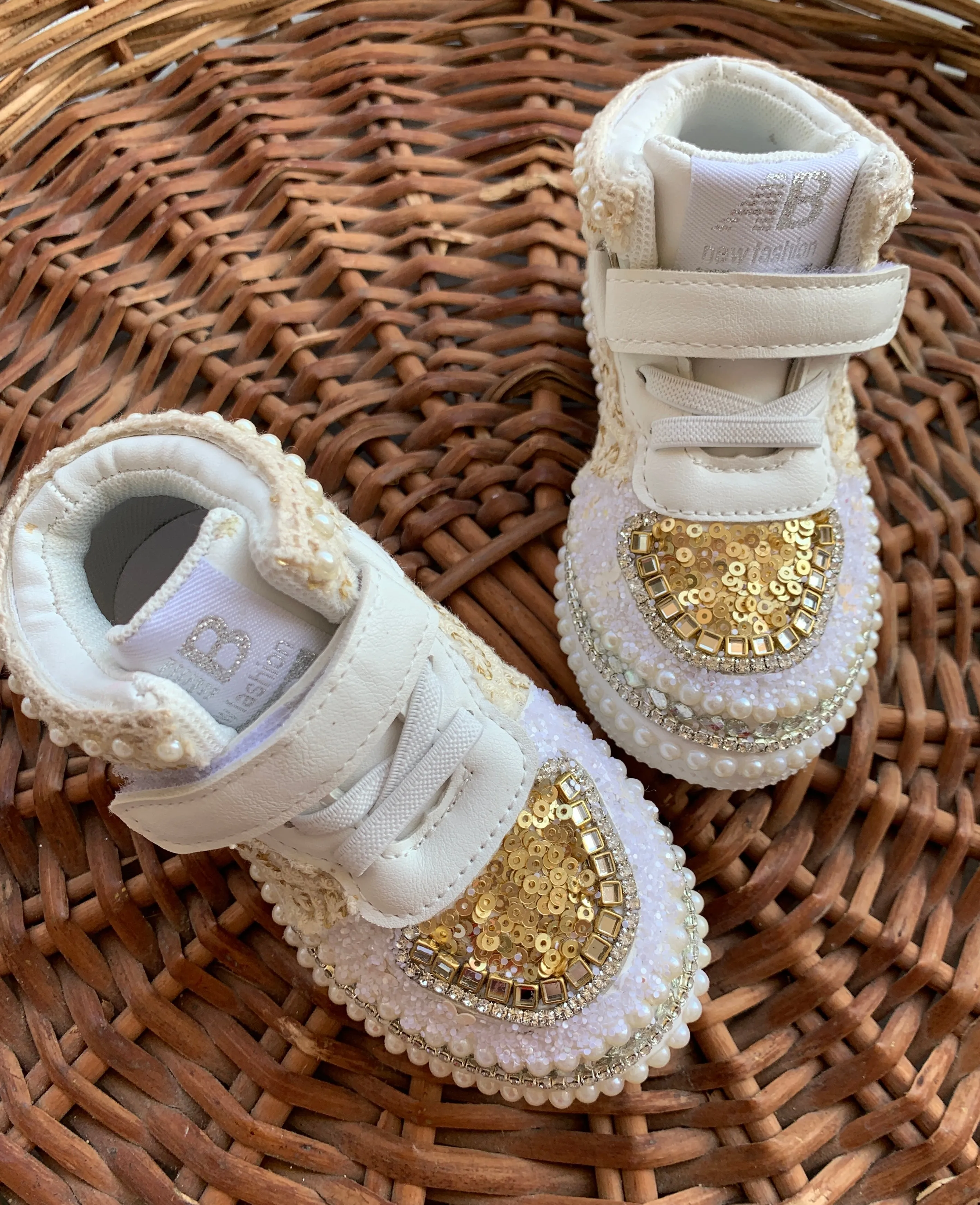 Funky N Trendy ivory gold sneakers with rhinestone detailing/kids sneakers/ gold shoes / kids shoes/ golden sneakers / golden shoes for kids/handmade sneakers for kids