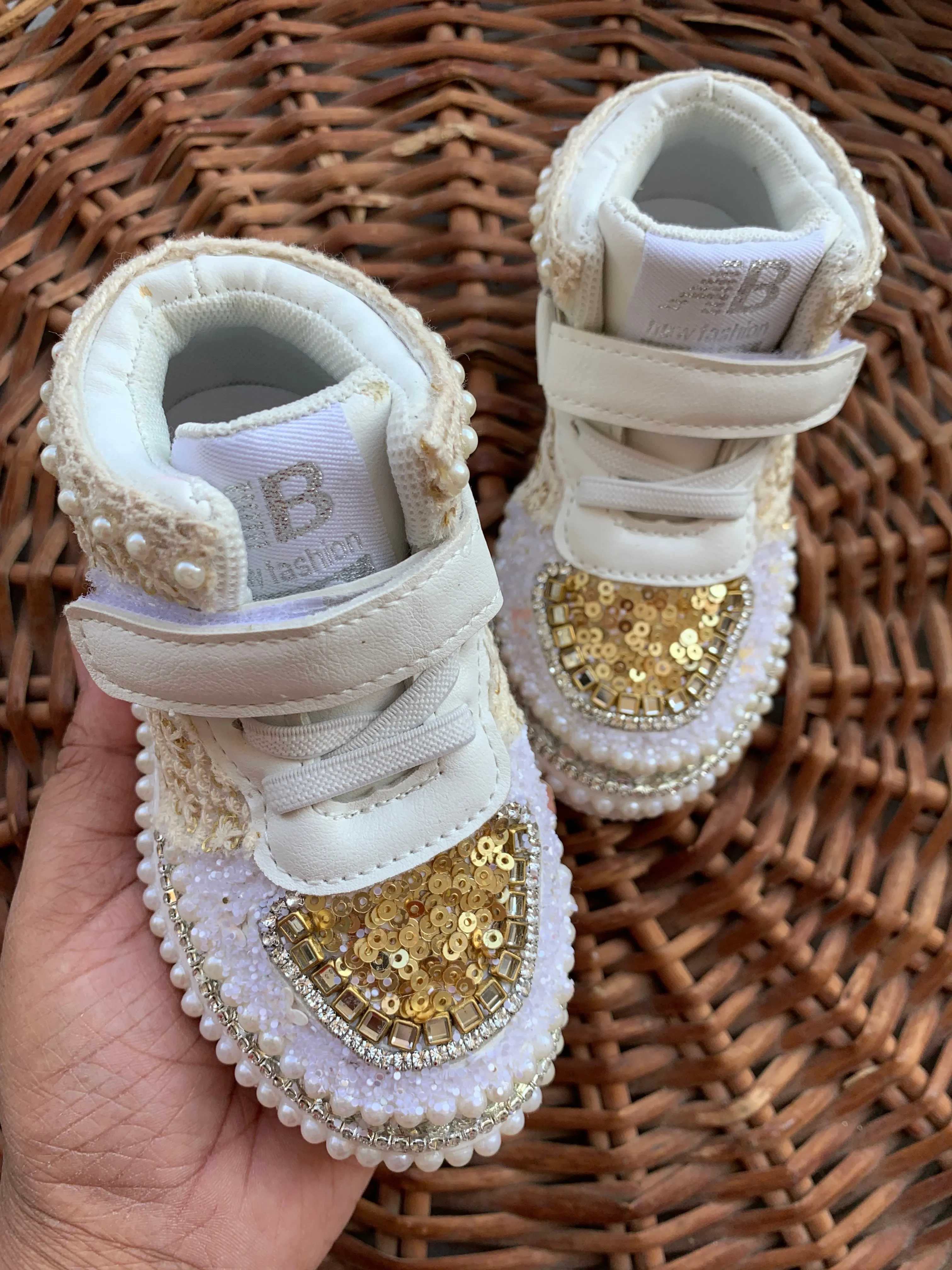 Funky N Trendy ivory gold sneakers with rhinestone detailing/kids sneakers/ gold shoes / kids shoes/ golden sneakers / golden shoes for kids/handmade sneakers for kids