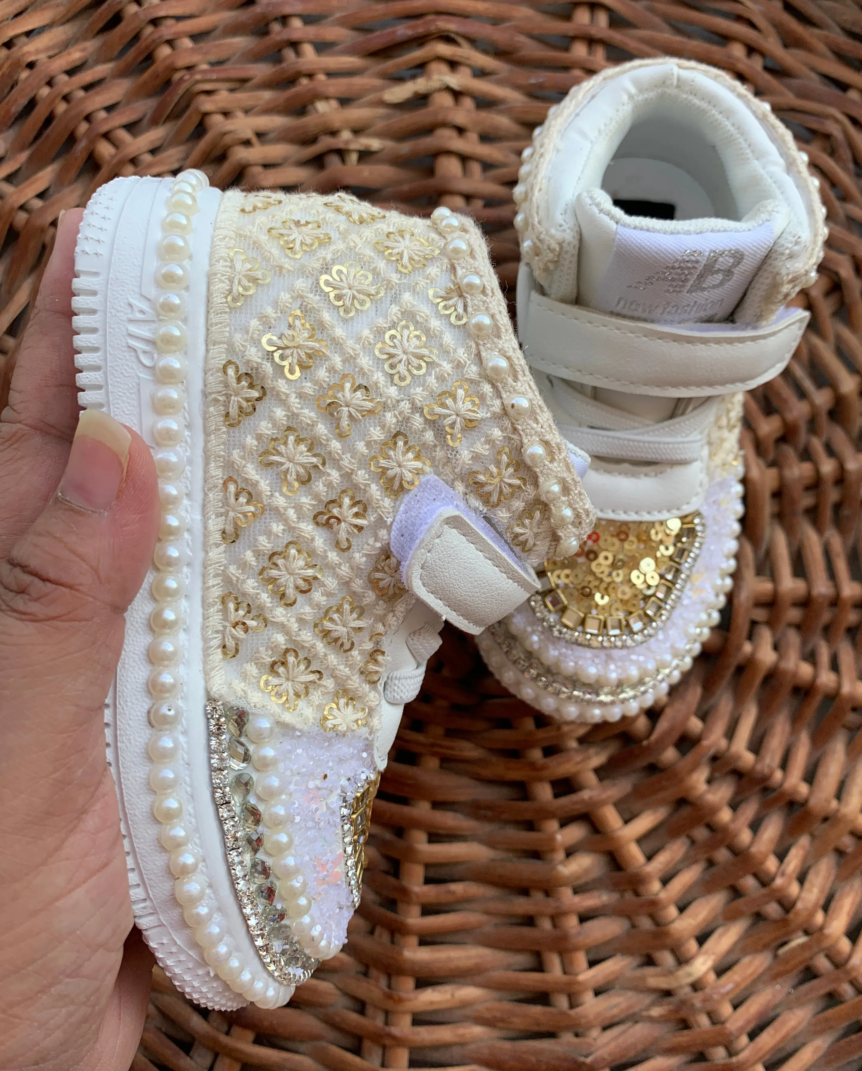 Funky N Trendy ivory gold sneakers with rhinestone detailing/kids sneakers/ gold shoes / kids shoes/ golden sneakers / golden shoes for kids/handmade sneakers for kids