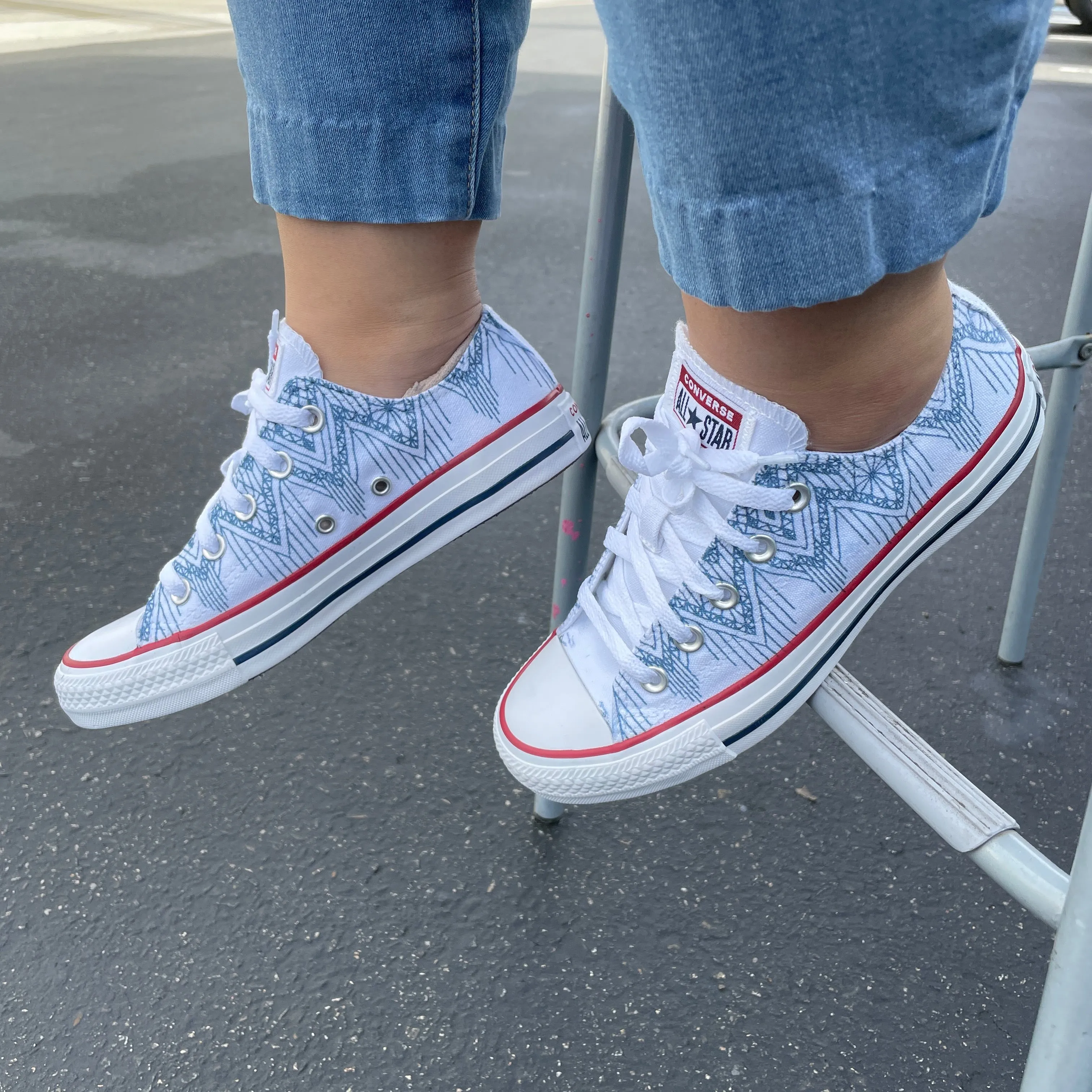 Gray Blue Dripping Lace Pattern White Low Tops - Custom Converse Shoes