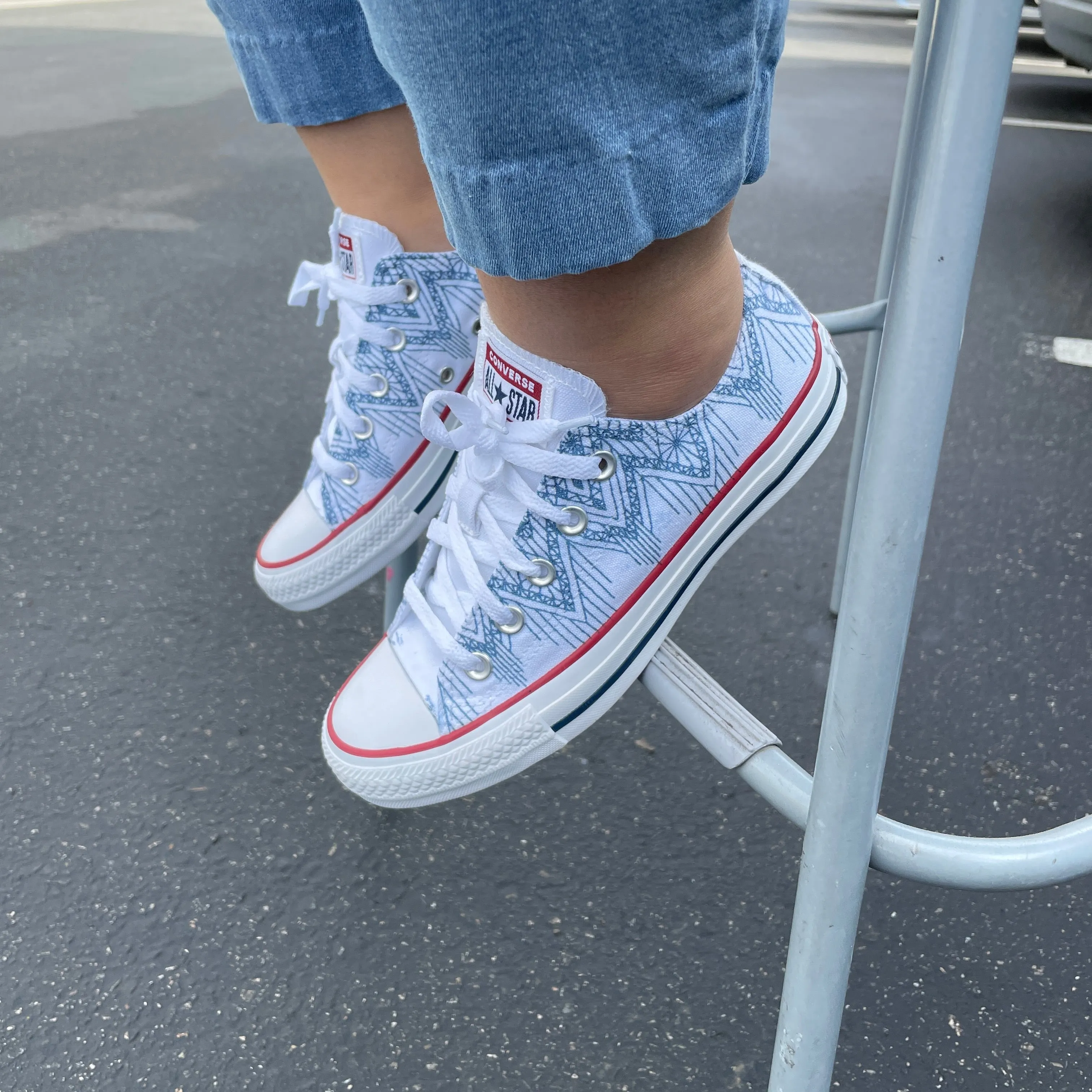 Gray Blue Dripping Lace Pattern White Low Tops - Custom Converse Shoes