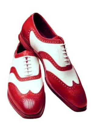 Hand Crafted White & Red Wing Tip Leather Shoes Party Wear Shoes,Dress Shoes