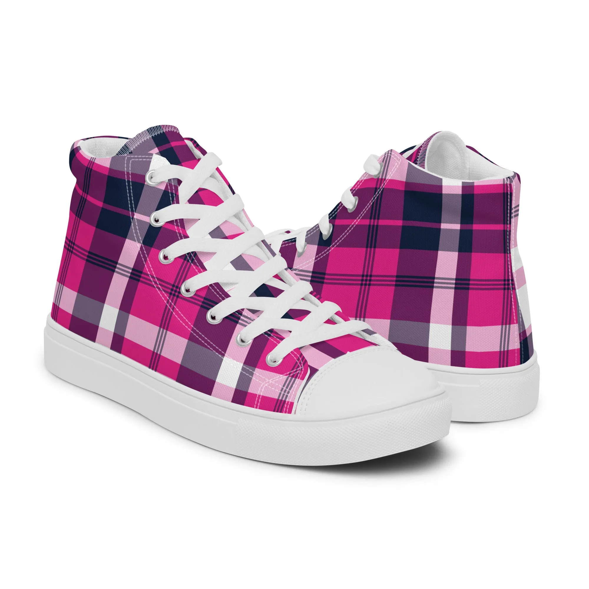 Hot Pink and Navy Blue Preppy Surfer Plaid High Top Canvas Shoes