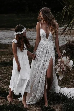 Ivory Deep V Neck A Line Lace Boho Wedding Dresses With Slit, Spaghetti Straps Bridal Gowns UQW0085