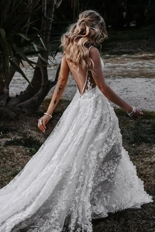 Ivory Deep V Neck A Line Lace Boho Wedding Dresses With Slit, Spaghetti Straps Bridal Gowns UQW0085