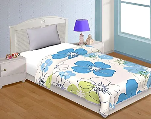 J SHREE Designer Blue & White Flower Print Single Bed Reversible Quilt/AC Quilt/Dohar/Blanket