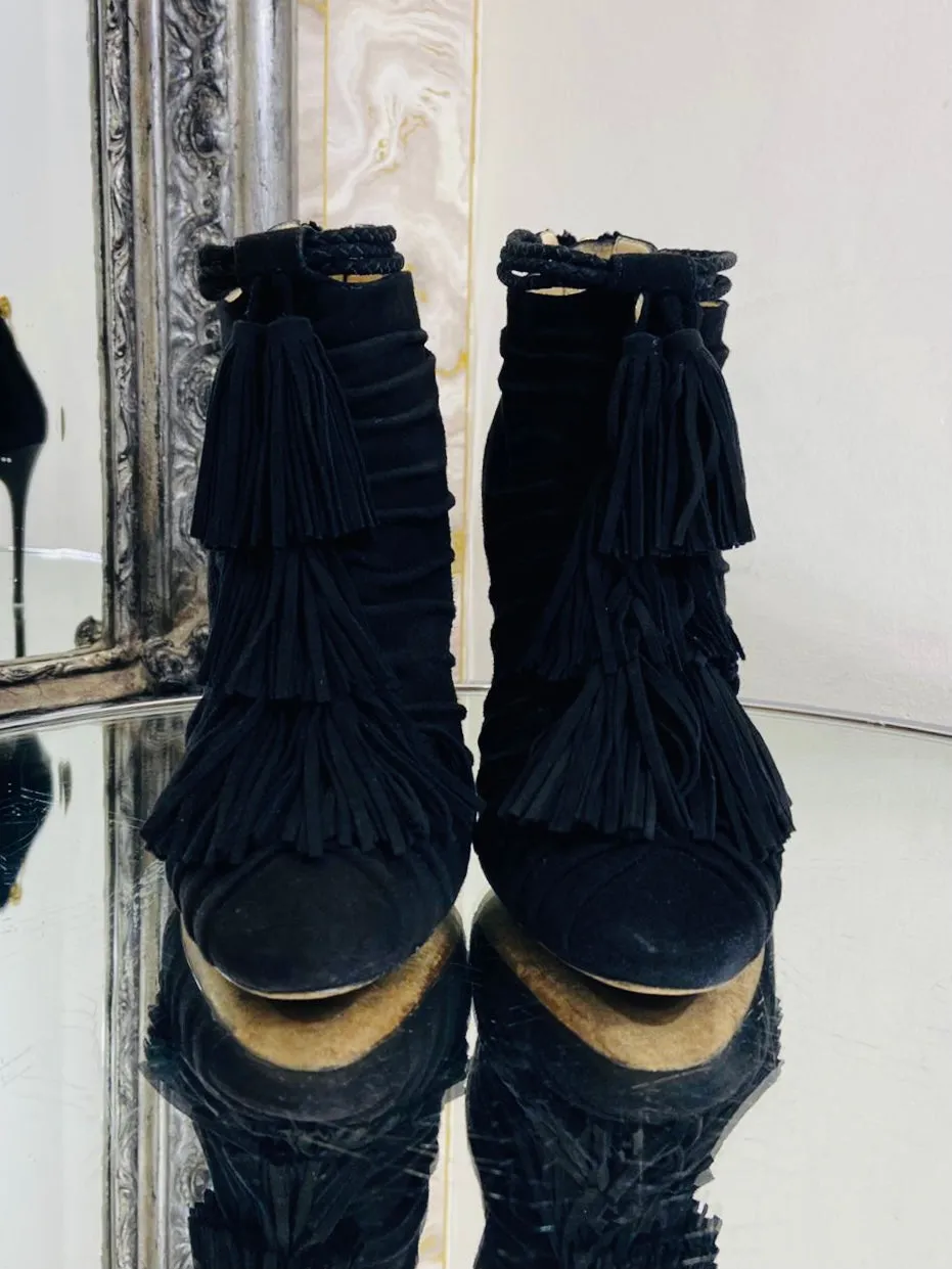 Jimmy Choo Open Toe Suede Tassel Booties. Size 36