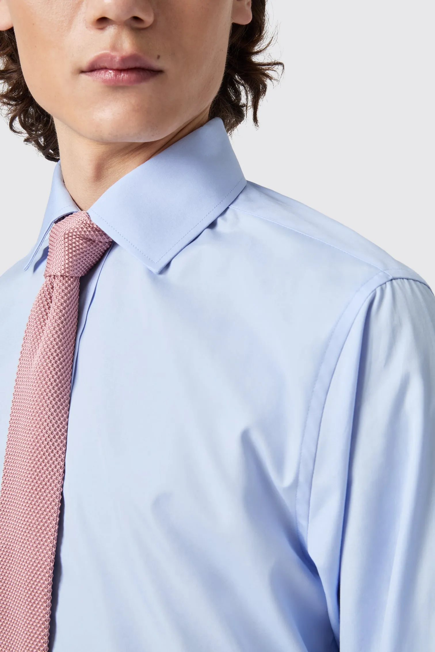 Lewes Slim Fit Spread Collar Blue Cotton Shirt