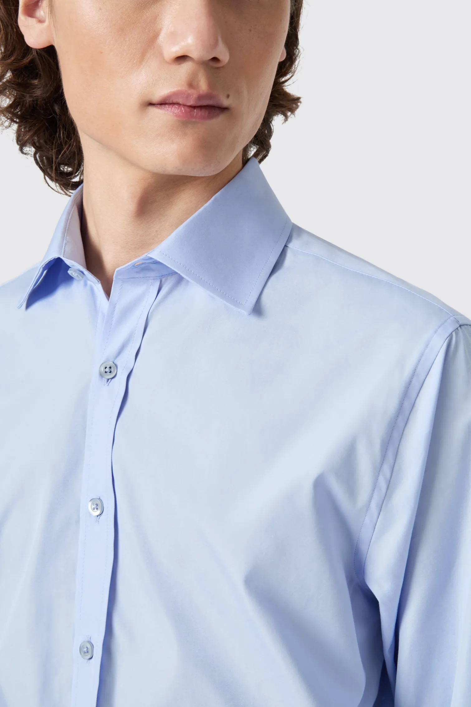 Lewes Slim Fit Spread Collar Blue Cotton Shirt