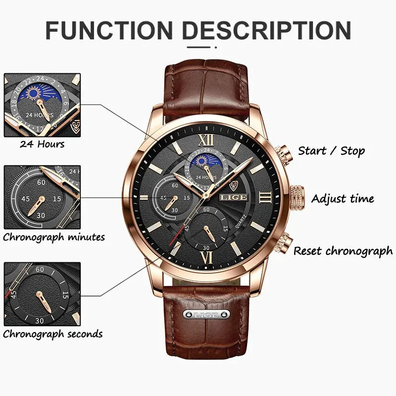 LIGE Men's Luxury Quartz Watch – Sports Waterproof Leather Wrist Watch with Chronographtches