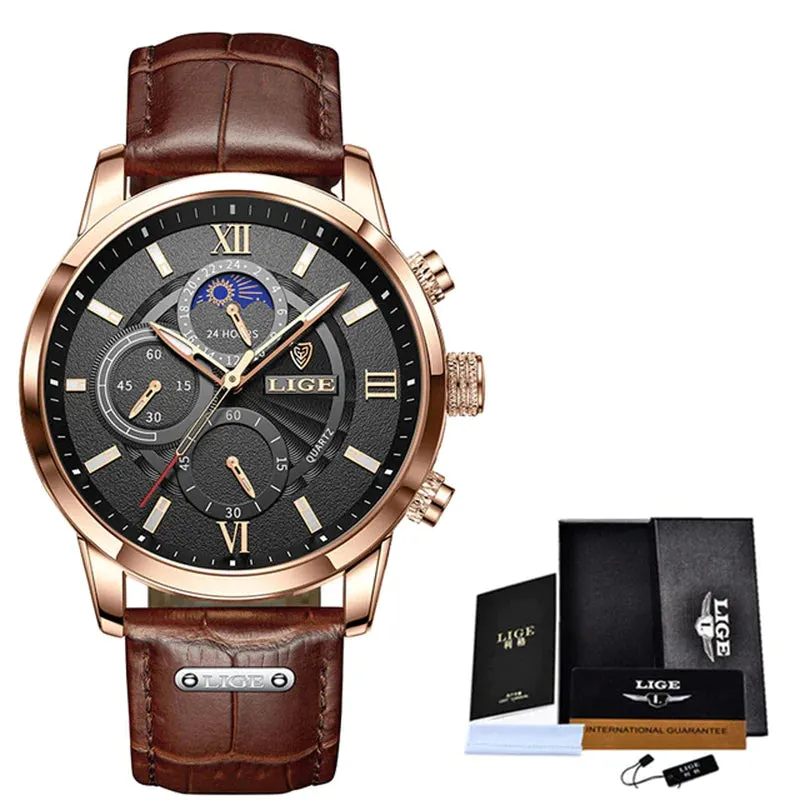 LIGE Men's Luxury Quartz Watch – Sports Waterproof Leather Wrist Watch with Chronographtches