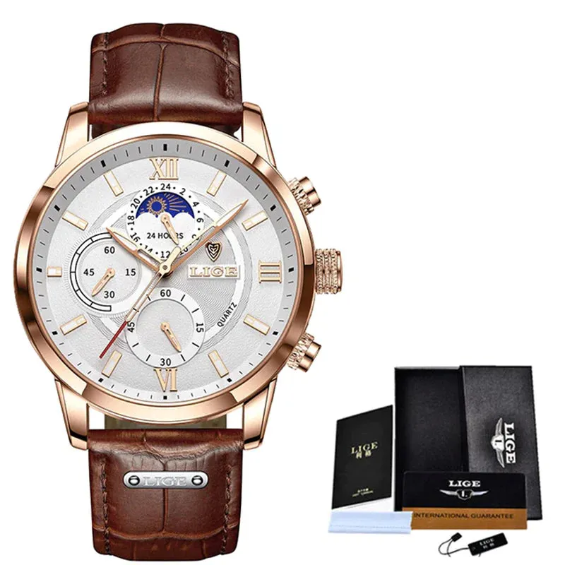 LIGE Men's Luxury Quartz Watch – Sports Waterproof Leather Wrist Watch with Chronographtches