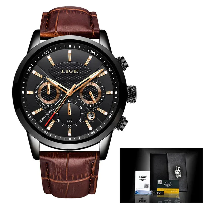 LIGE Men's Luxury Quartz Watch – Sports Waterproof Leather Wrist Watch with Chronographtches