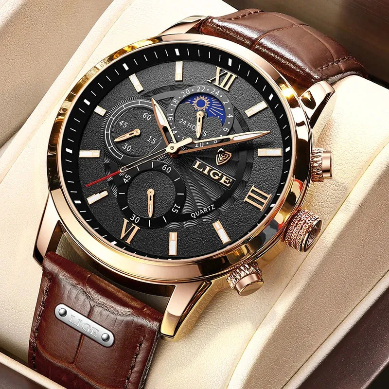 LIGE Men's Luxury Quartz Watch – Sports Waterproof Leather Wrist Watch with Chronographtches