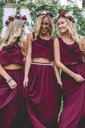 Maroon Chiffon Two Piece Bohemia A Line Long Bridesmaid Dresses UQB0010