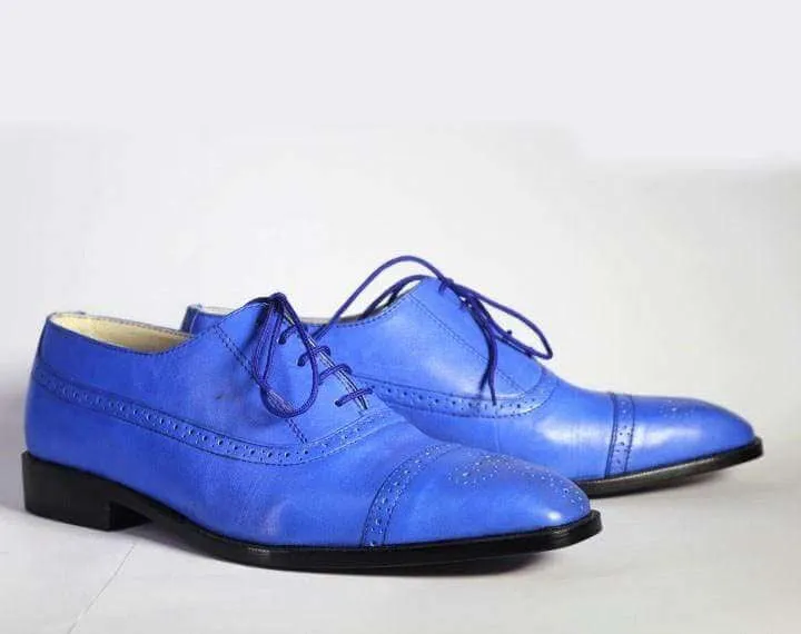 Men's Blue Cap Toe Lace Up Leather Shoe